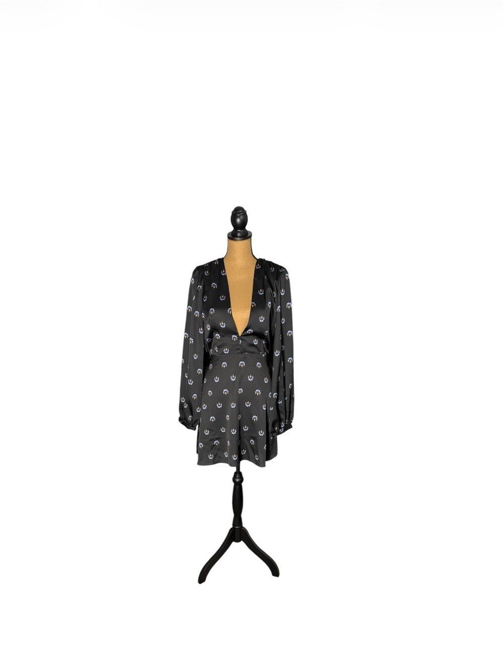 Arrive Black Floral Mini Dress XL Deep V Balloon Sleeve Boho Romantic